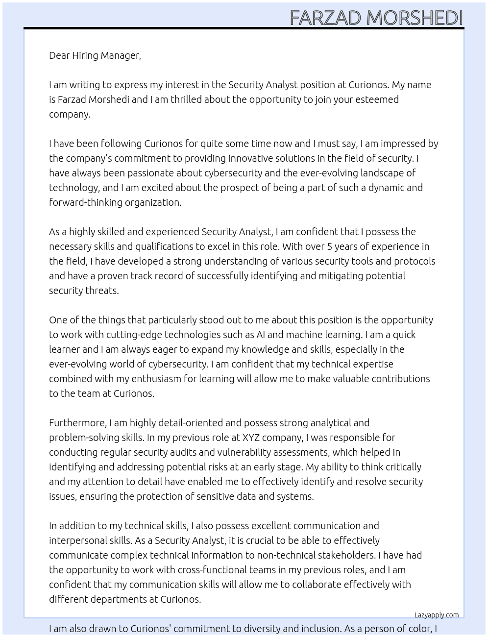 Security Analyst At Curionos Cover Letter