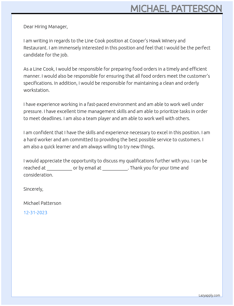 Line Cook At Cooper's Hawk Winery and Restaurant  Cover Letter