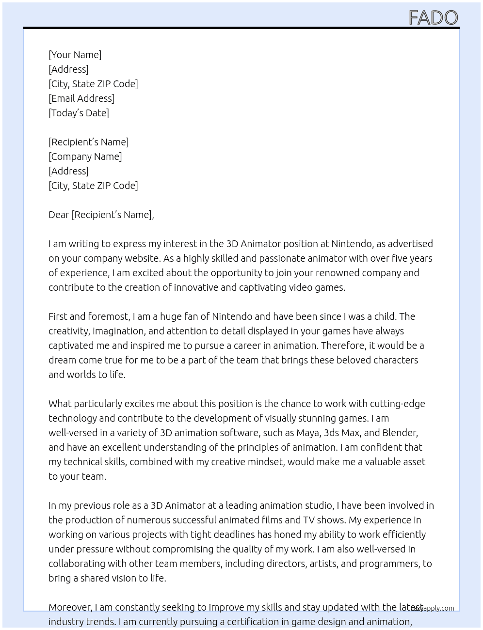 3d animator  At Nintendo Cover Letter