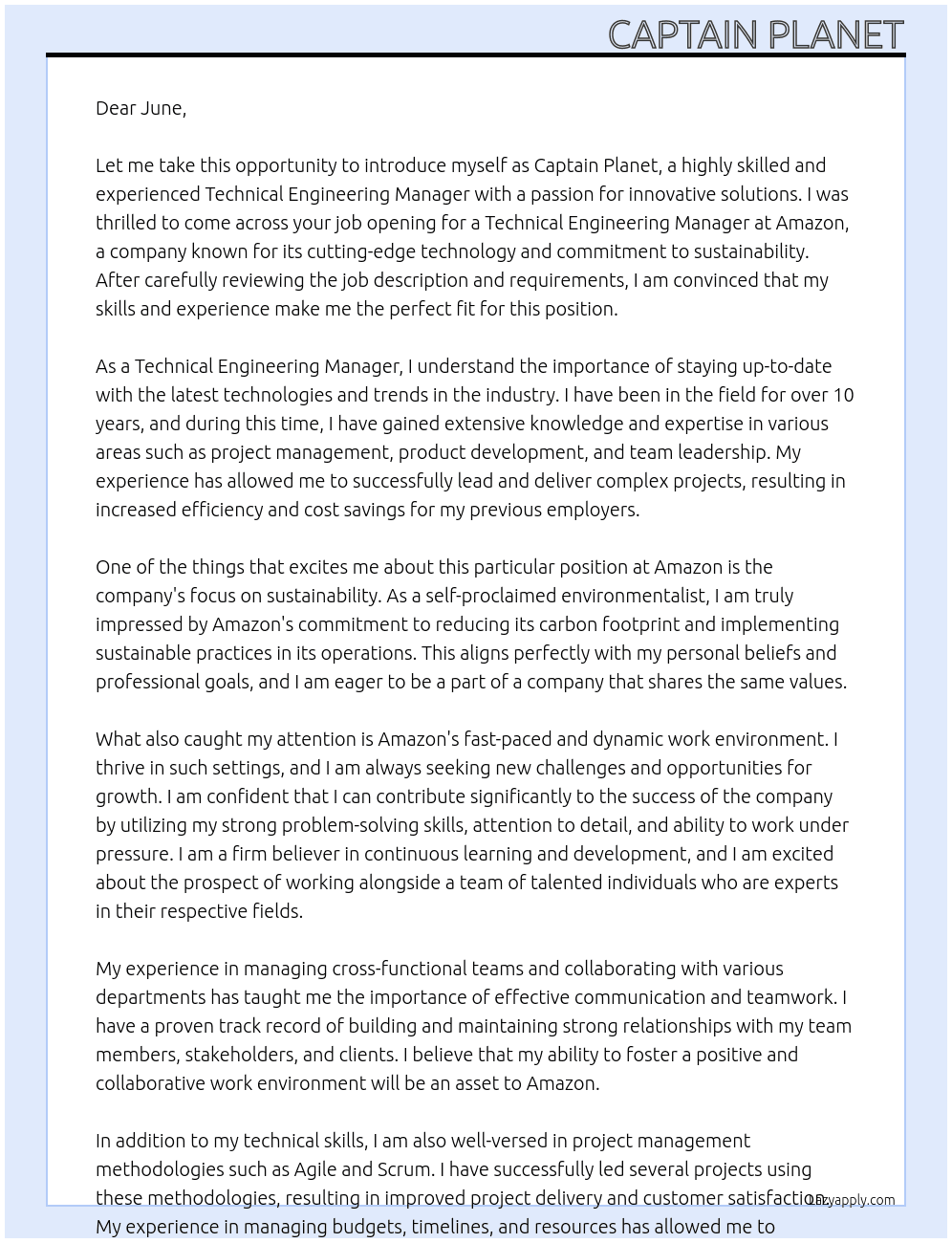 Technical Engineering Manager At Amazon Cover Letter