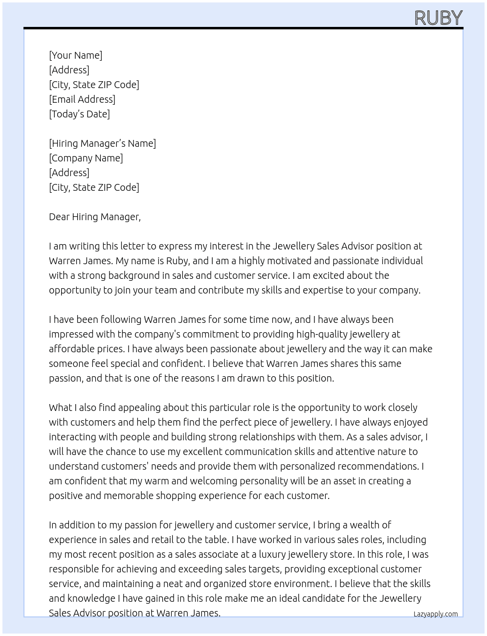 Jewellery sales advisor  At Warren James  Cover Letter