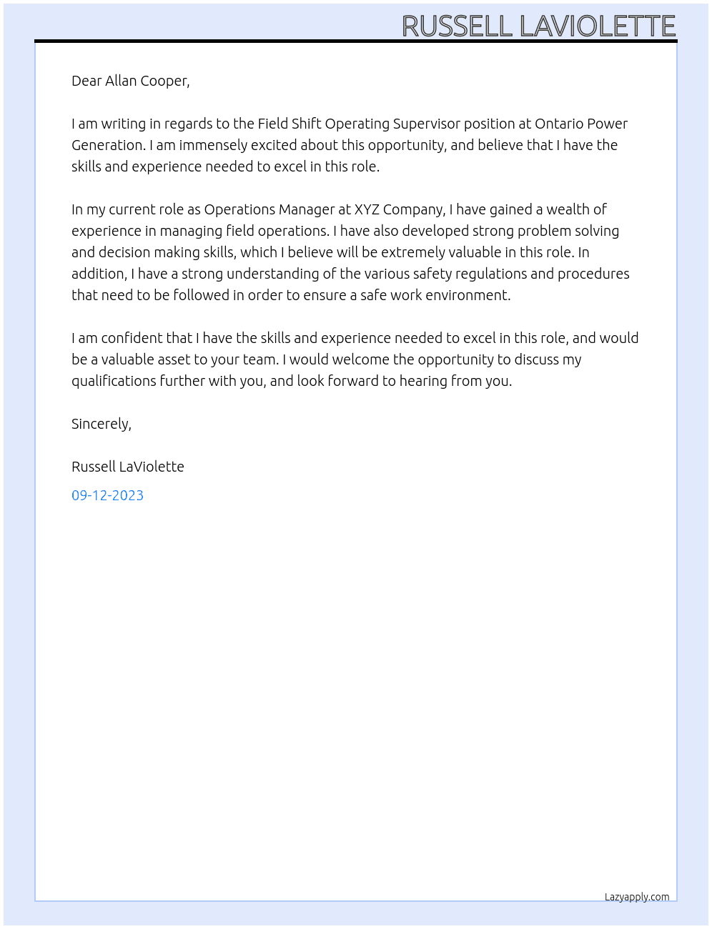 Field Shift Operating Supervisor At Ontario Power Generation Cover Letter