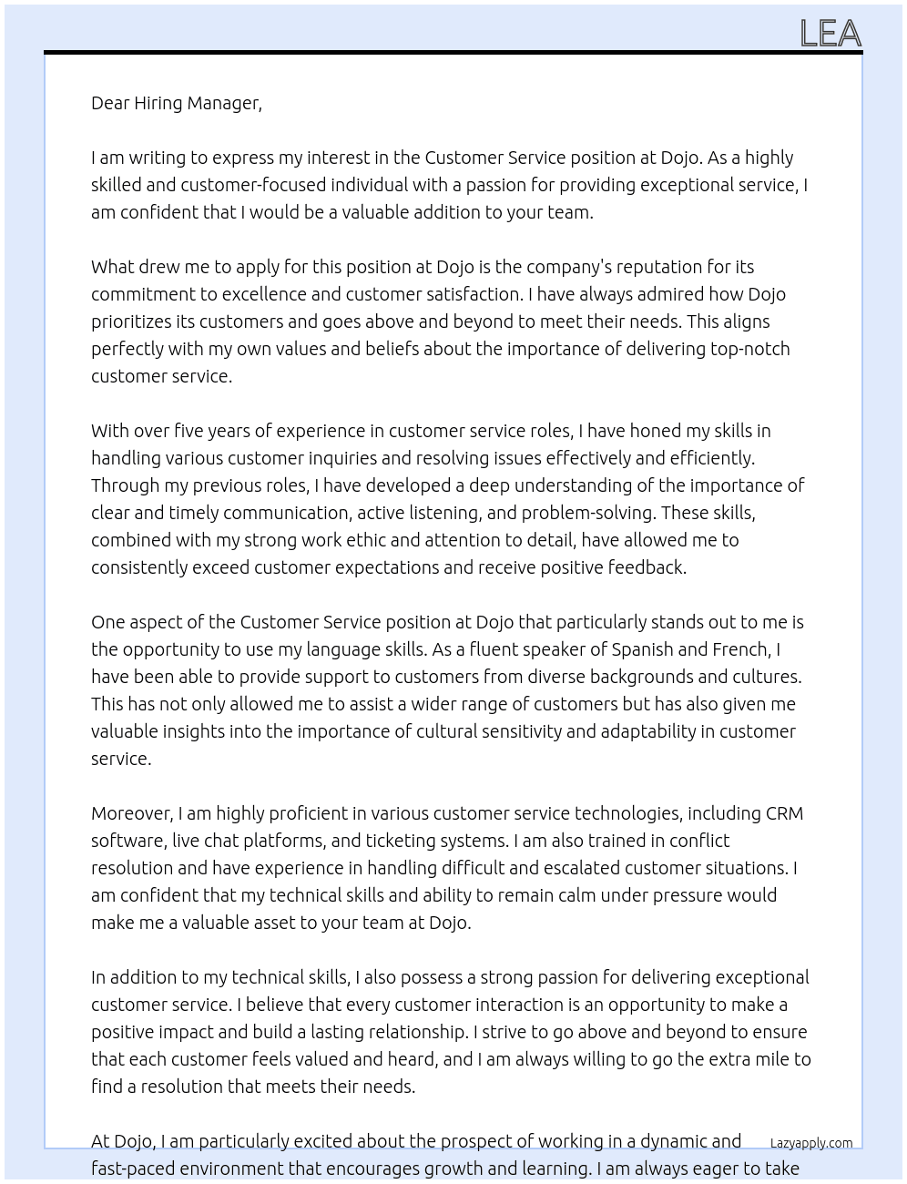 customer service At Dojo Cover Letter