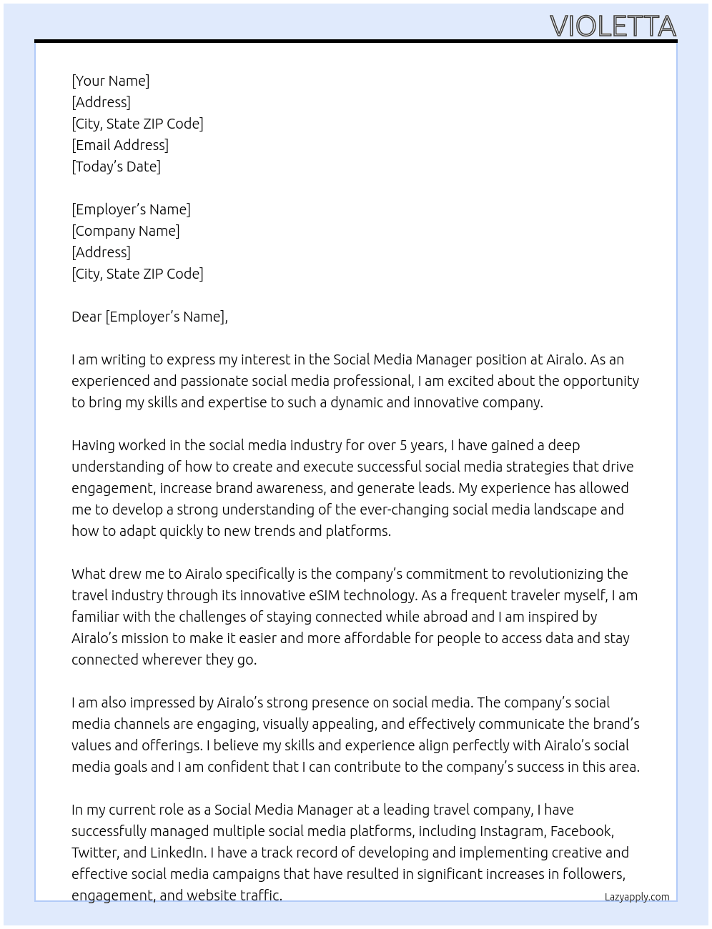 Social Media Manager At Airalo Cover Letter