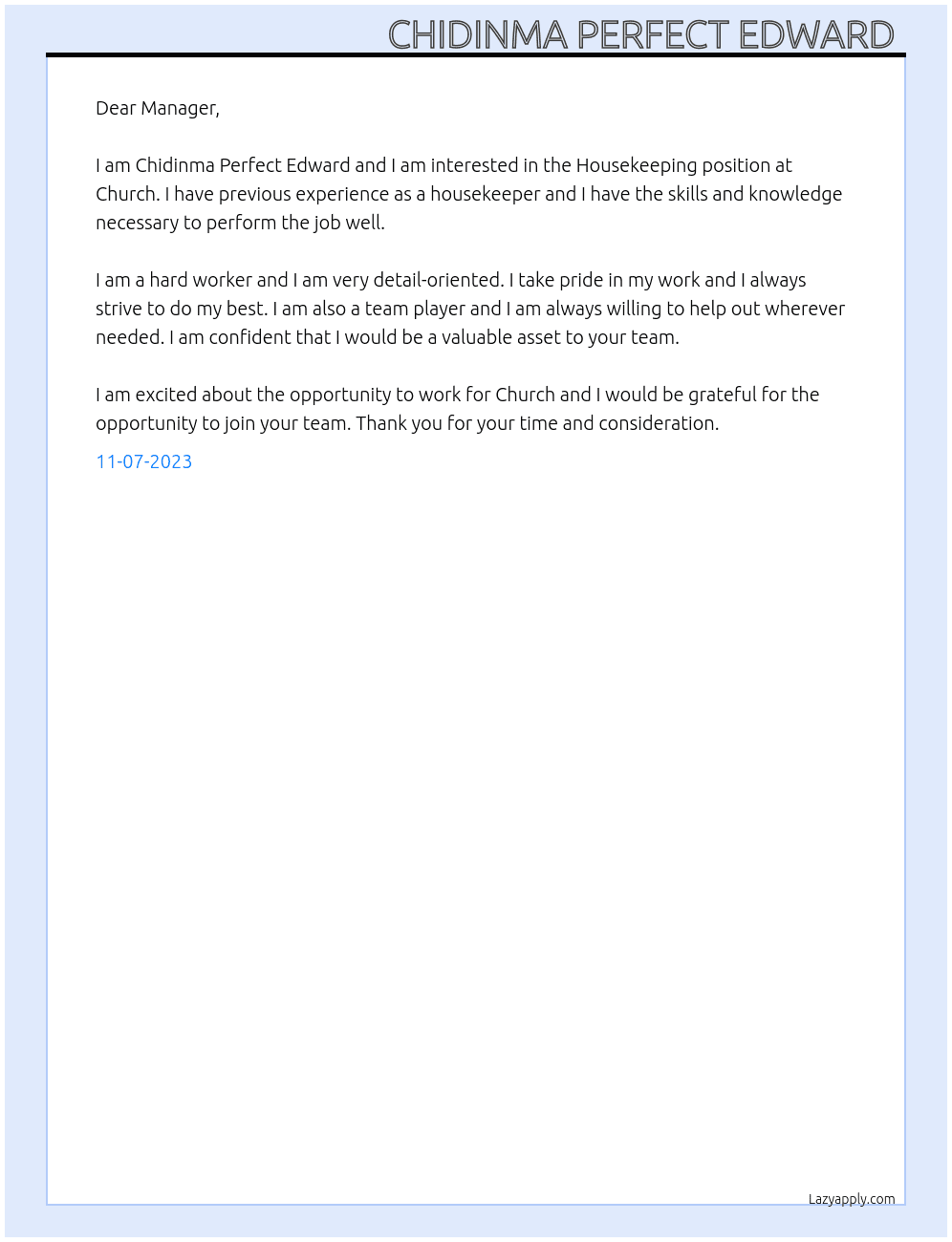 Housekeeping  At Church  Cover Letter