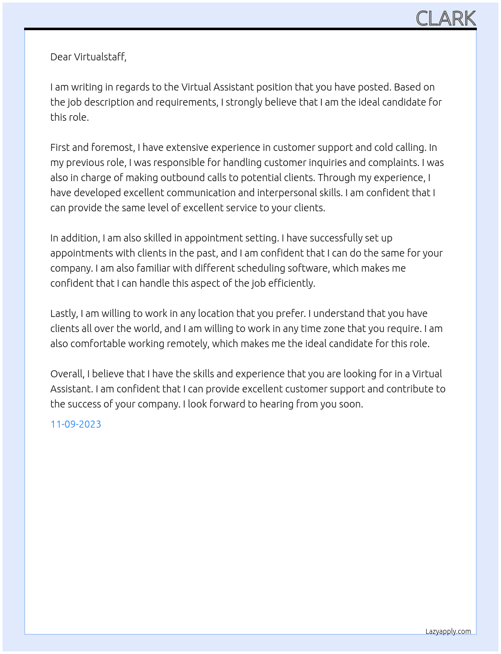 Virtual assistant At Virtualstaff Cover Letter
