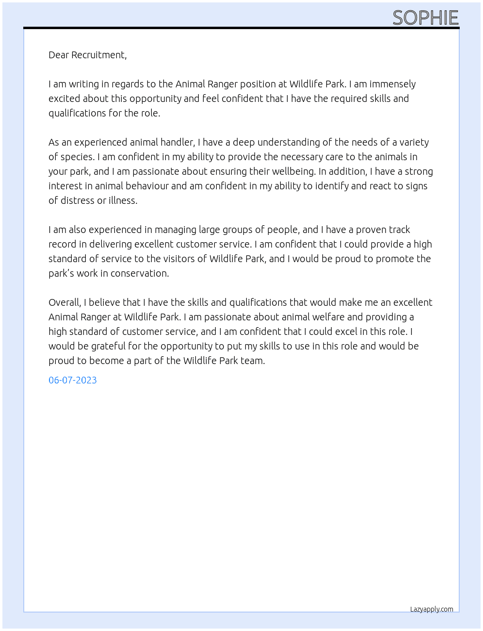 Animal Ranger At Wildlife Park Cover Letter