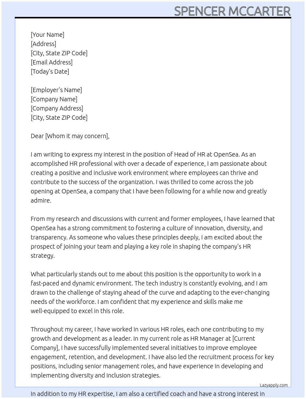 Head of HR At OpenSea Cover Letter