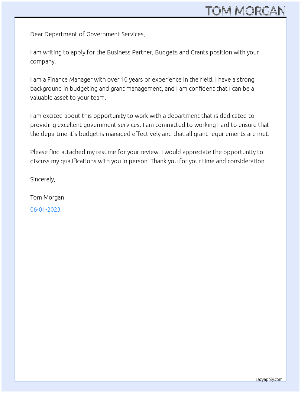 Business Partner, Budgets and Grants At Department of Government Services Cover Letter