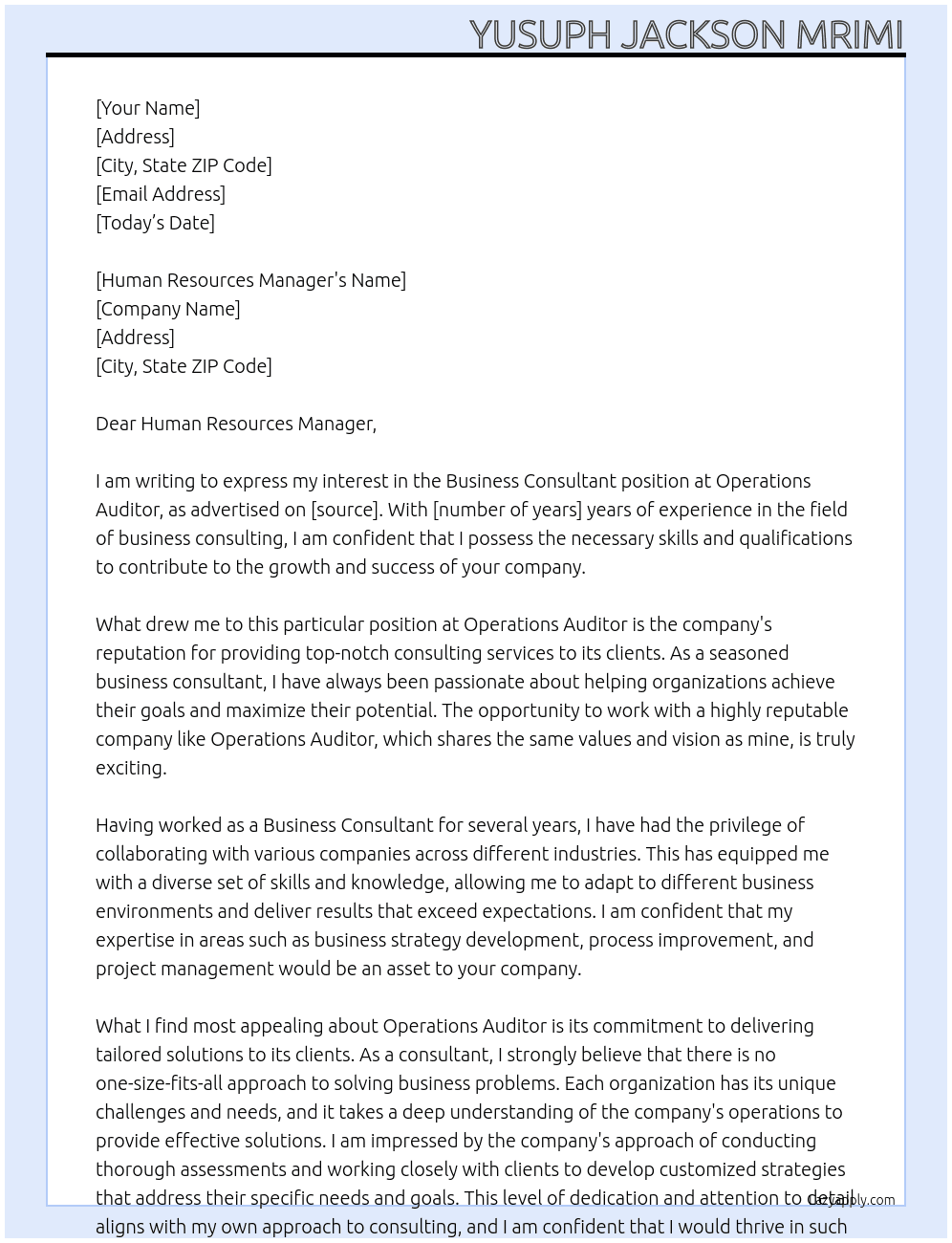 Business Consultant At Operations Auditor Cover Letter