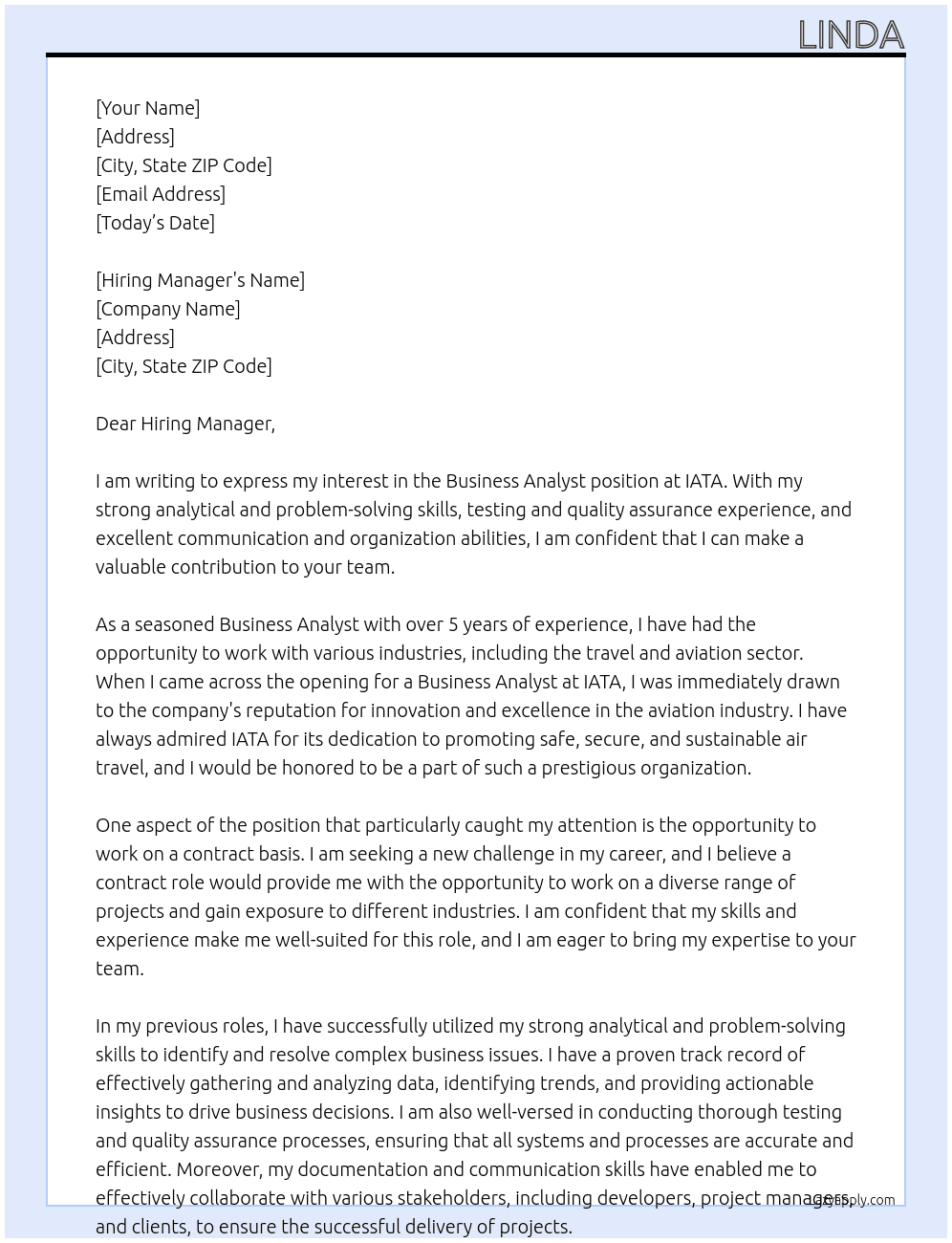 Business Analyst At IATA Cover Letter