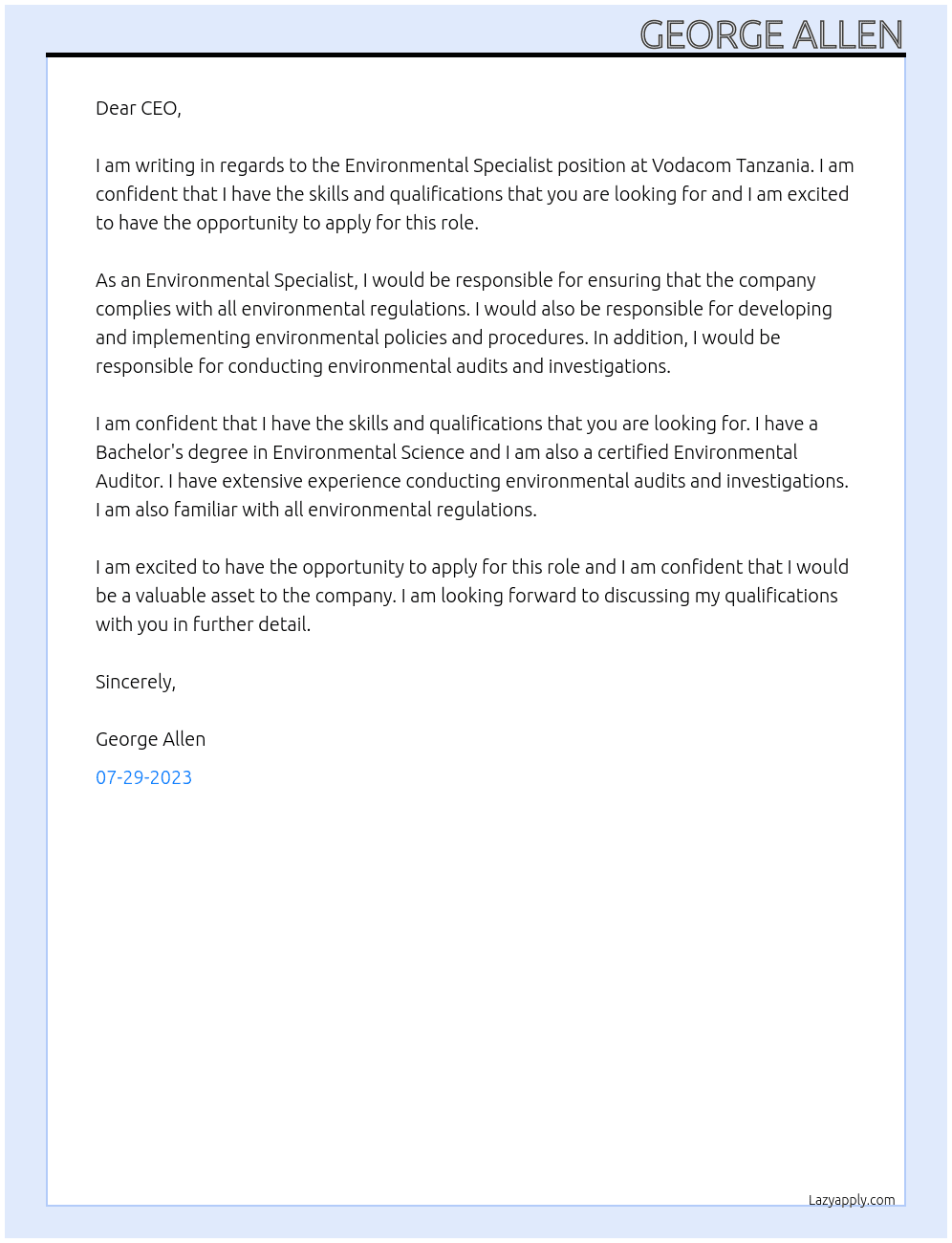 Environmental Specialist At Vodacom Tanzania Cover Letter