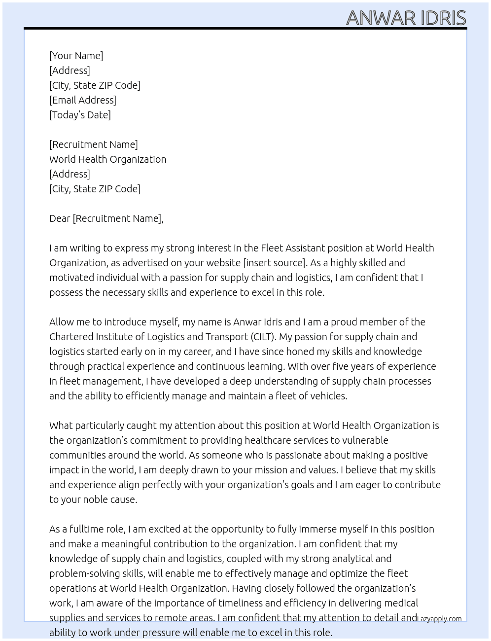 Fleet Assistant At World Health Organization  Cover Letter
