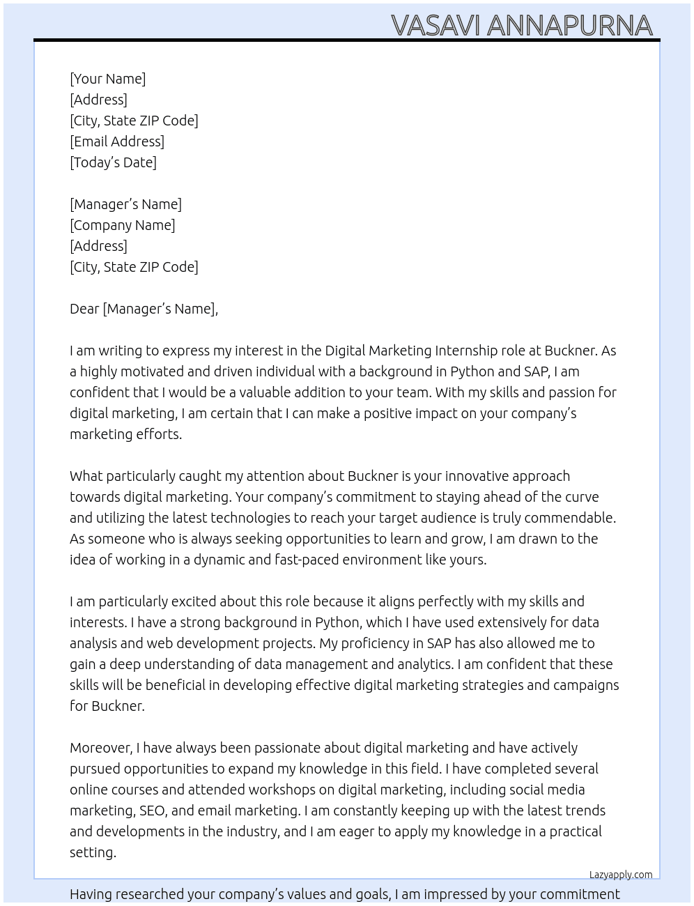 Digital marketing  At Buckner  Cover Letter
