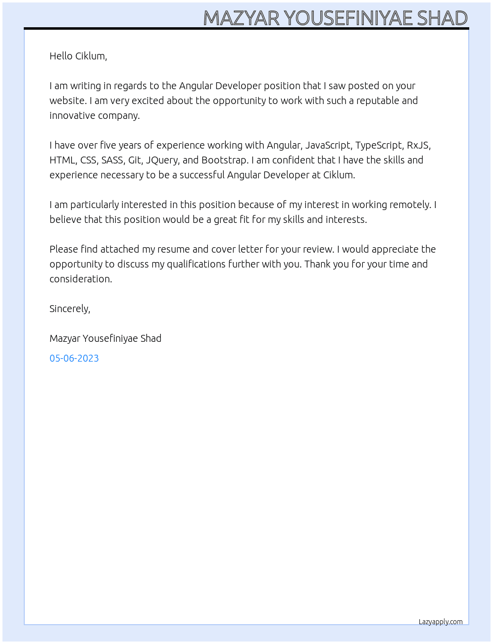 Angular Developer At Ciklum Cover Letter