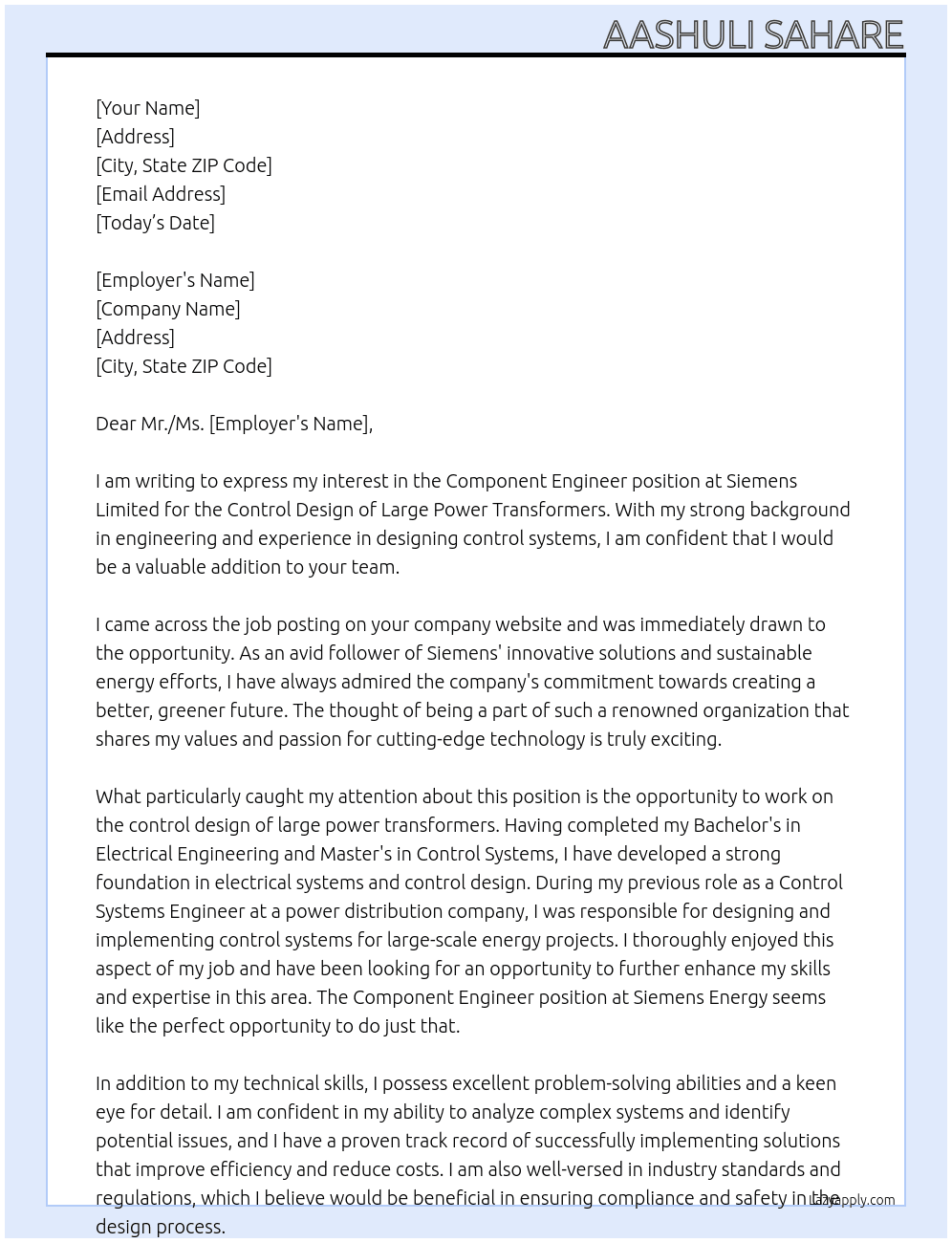 Component Engineer (Control Design of Large Pawer Transformers) At Siemens Limited Cover Letter