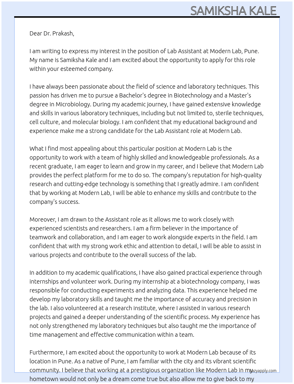 Lab assistant  At Modern Lab, Pune Cover Letter