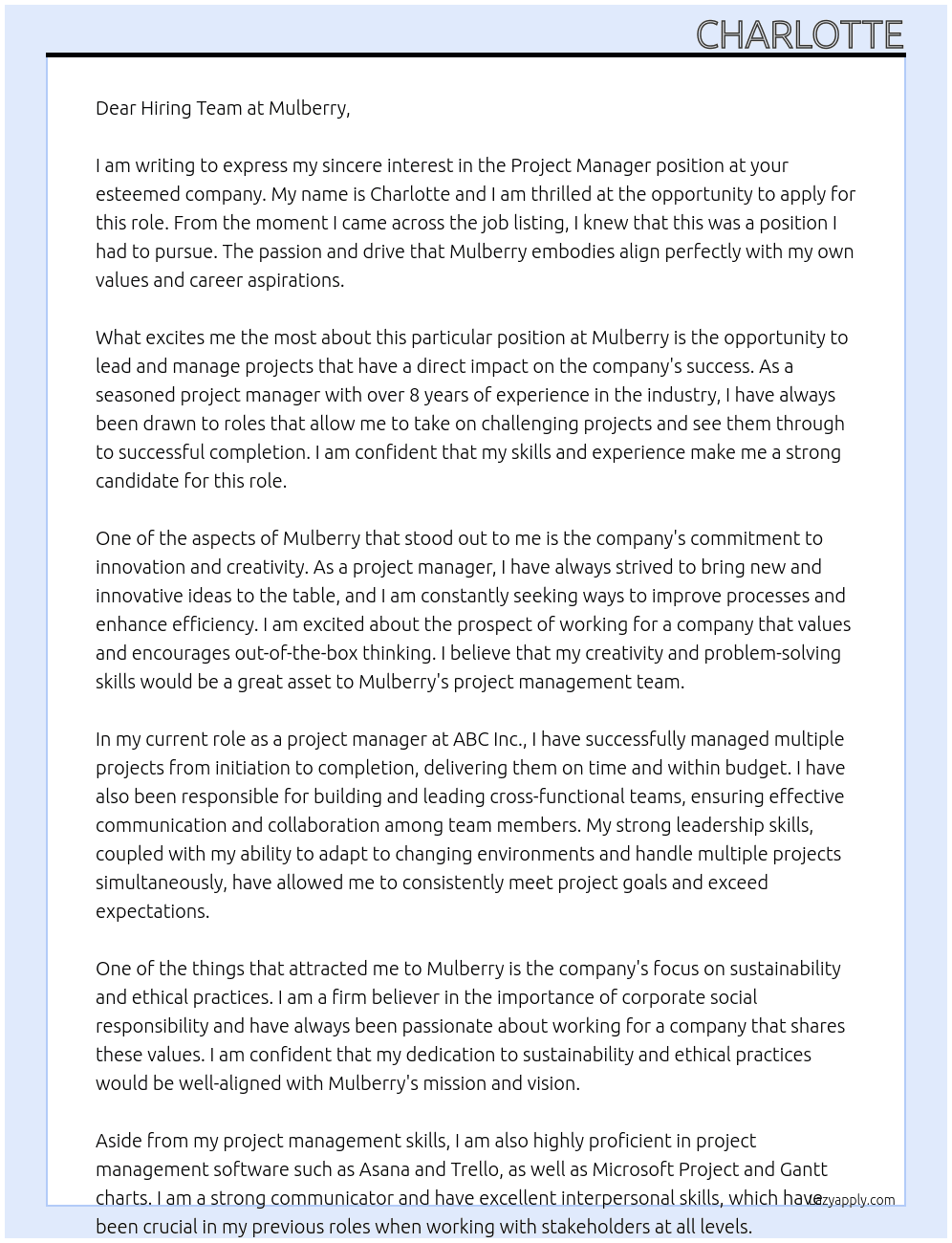 Project Manager At Mulberry Cover Letter