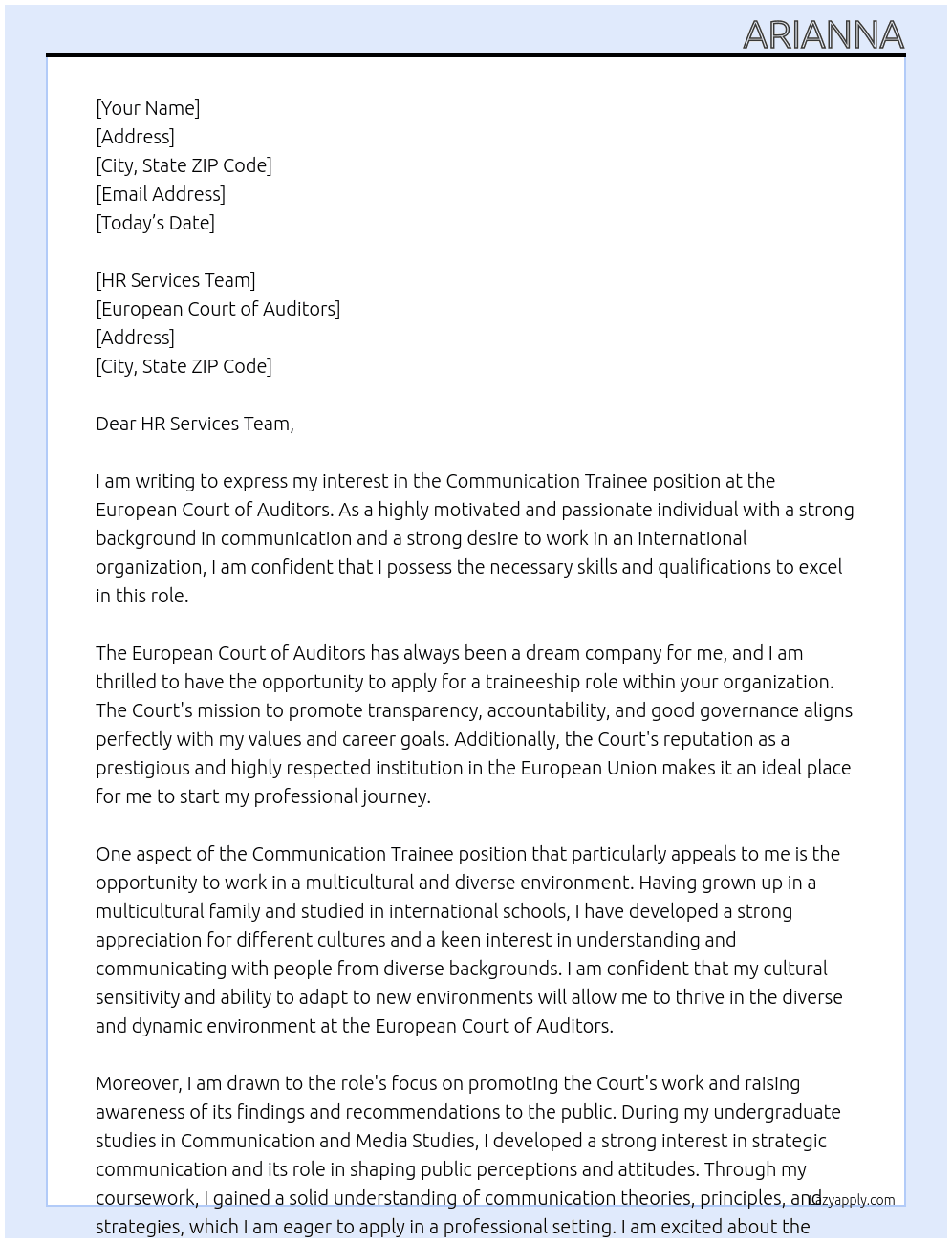 Communication trainee At European Court of Auditors Cover Letter