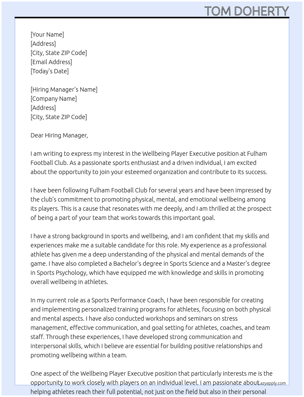 Wellbeing Player Executive At Fulham Football Club Cover Letter