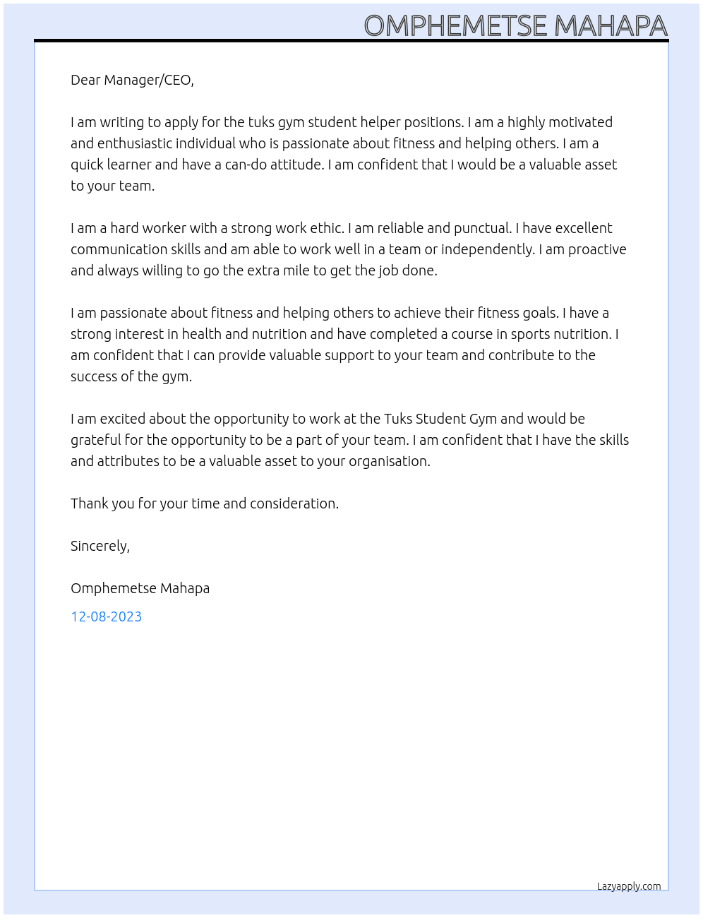 tuks gym student helper positions At Tuks Student gym  Cover Letter