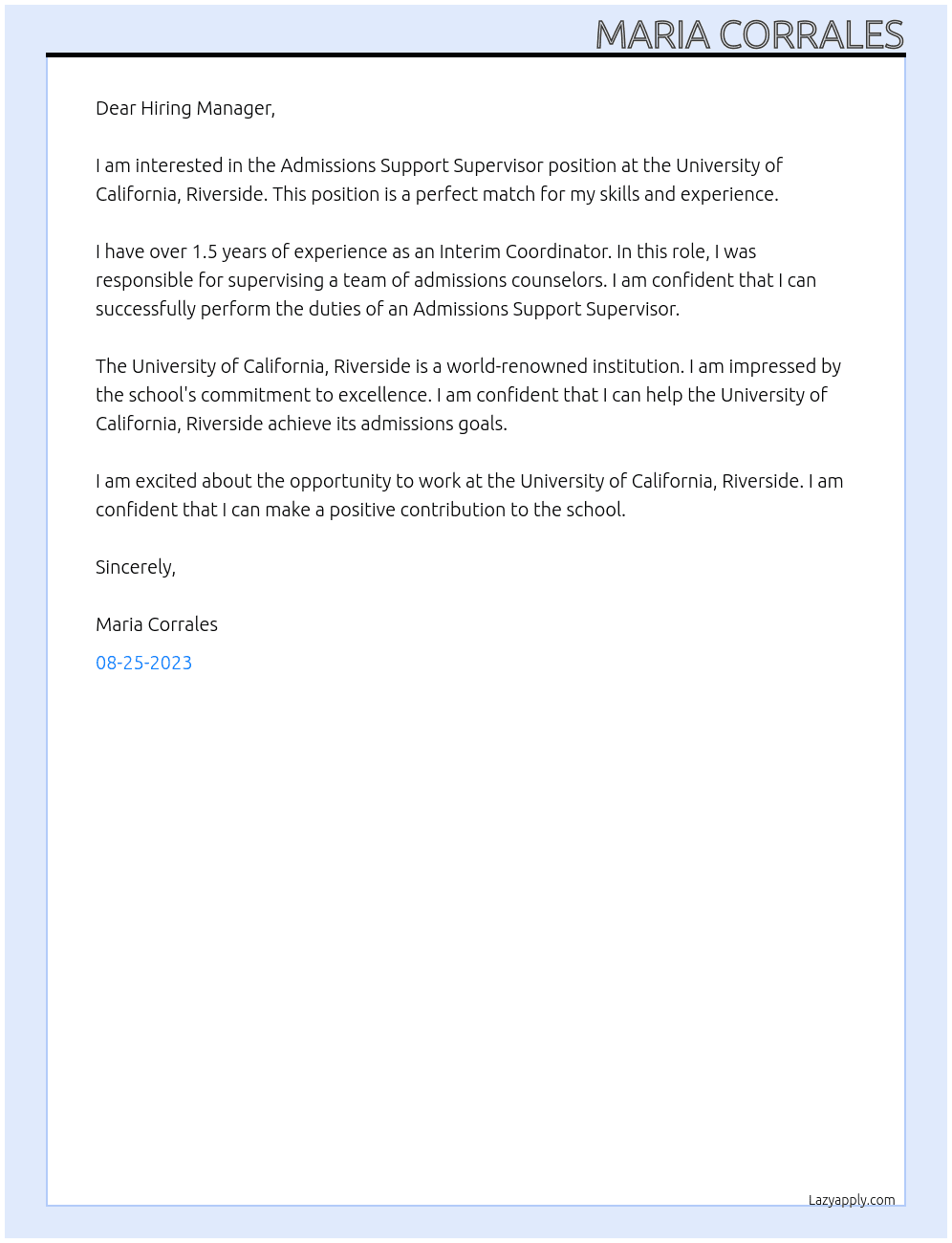 Admissions Support Supervisor At University of California, Riverside Cover Letter