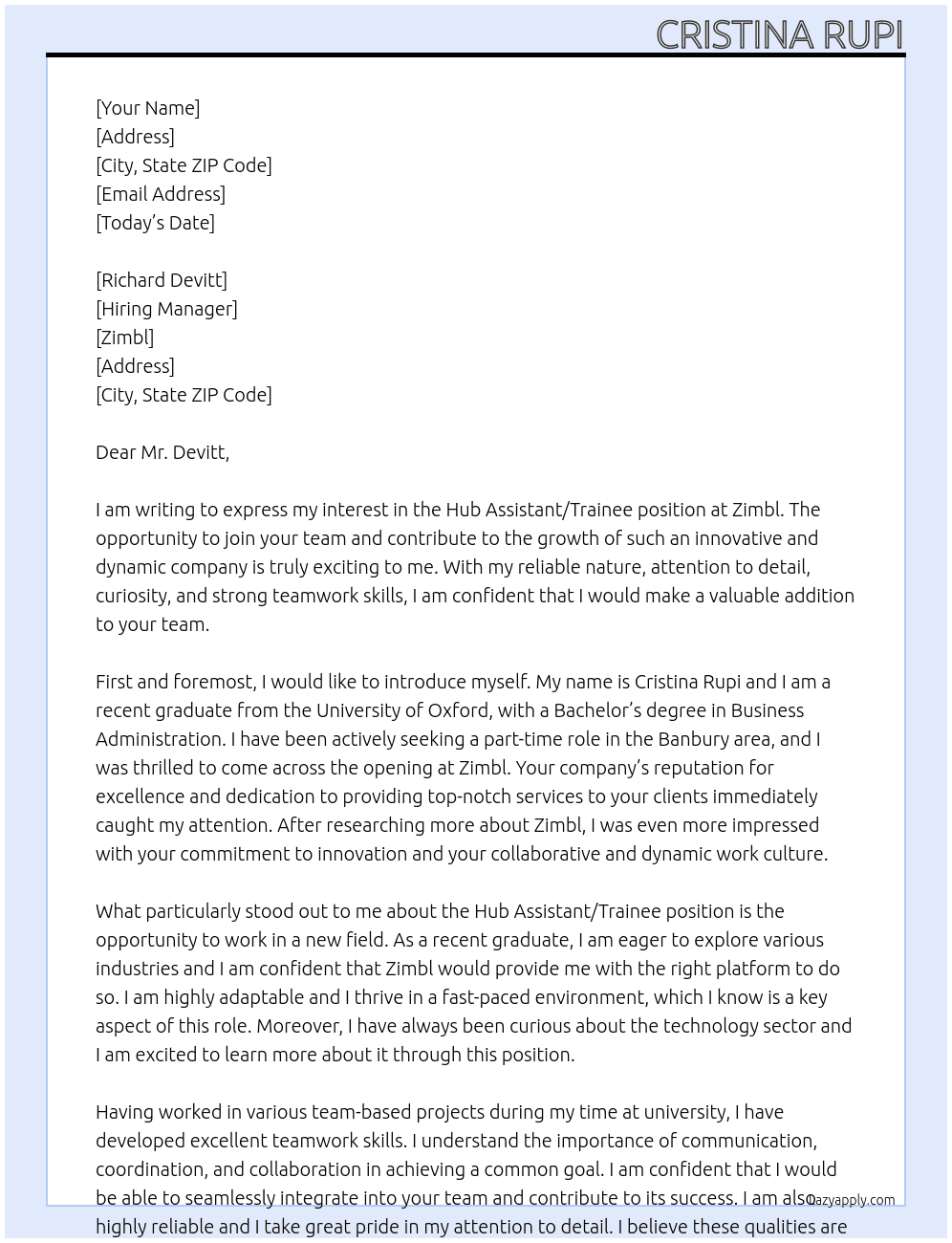 Hub assistant/Trainee At Zimbl Cover Letter