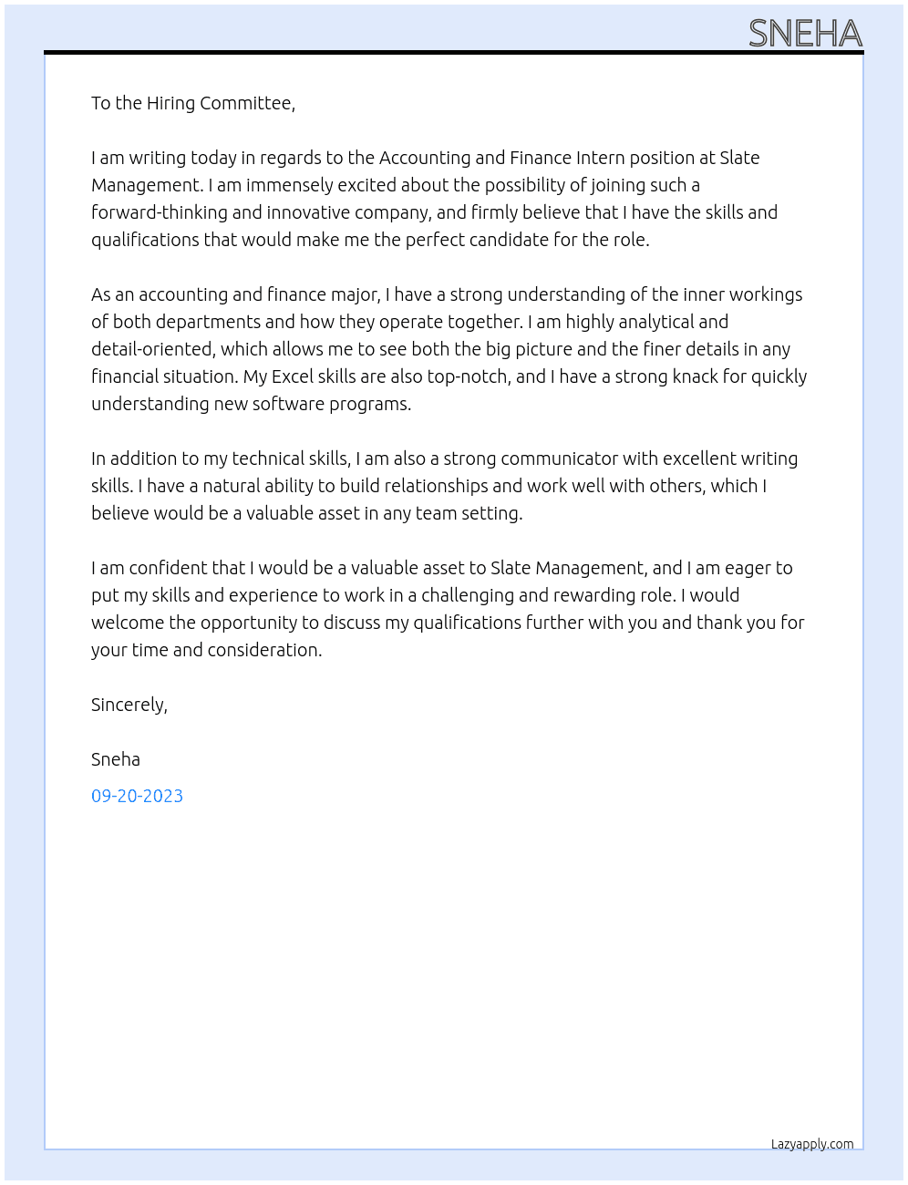 Accounting and Finance Intern At Slate Management Cover Letter