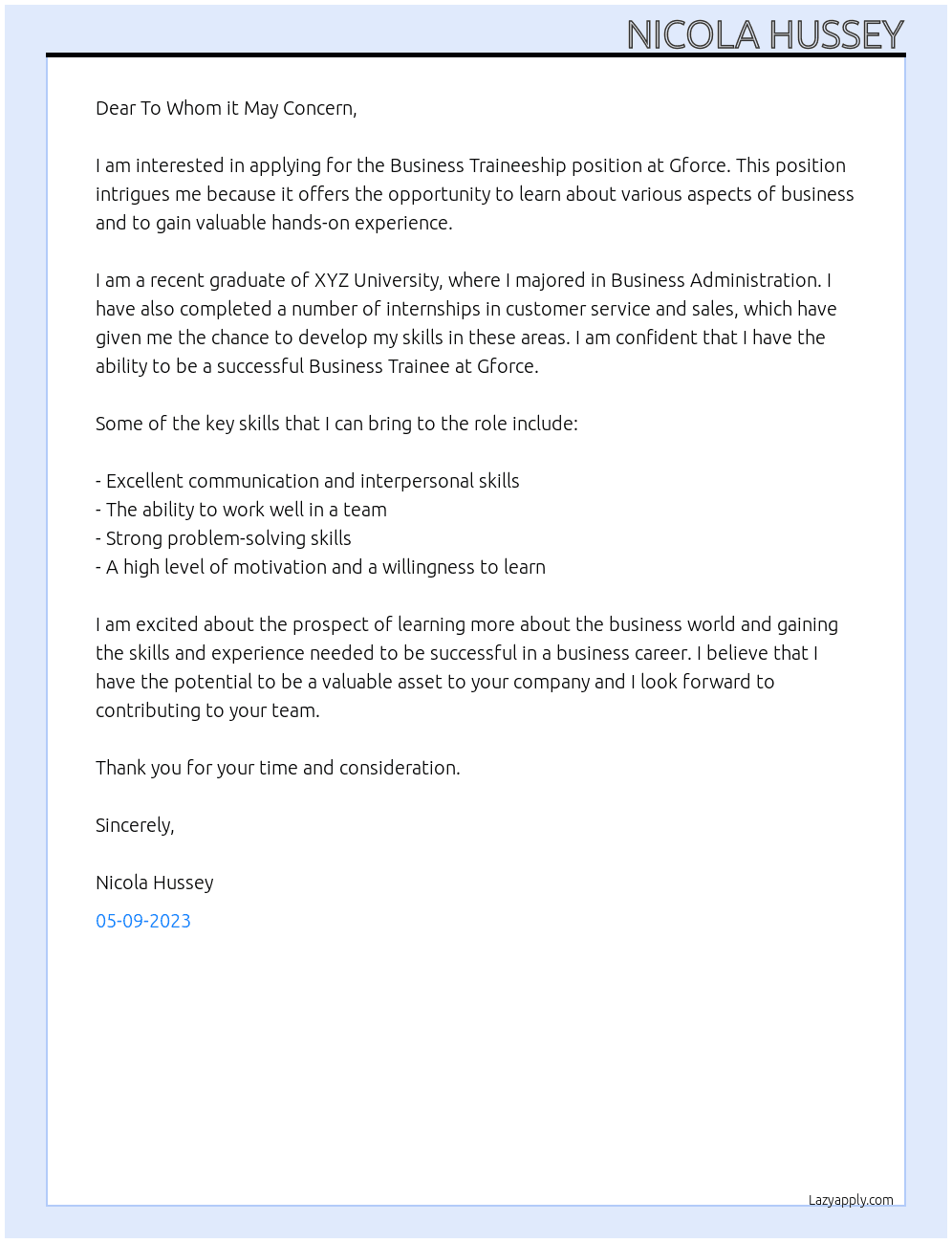 Business Traineeship At Gforce Cover Letter