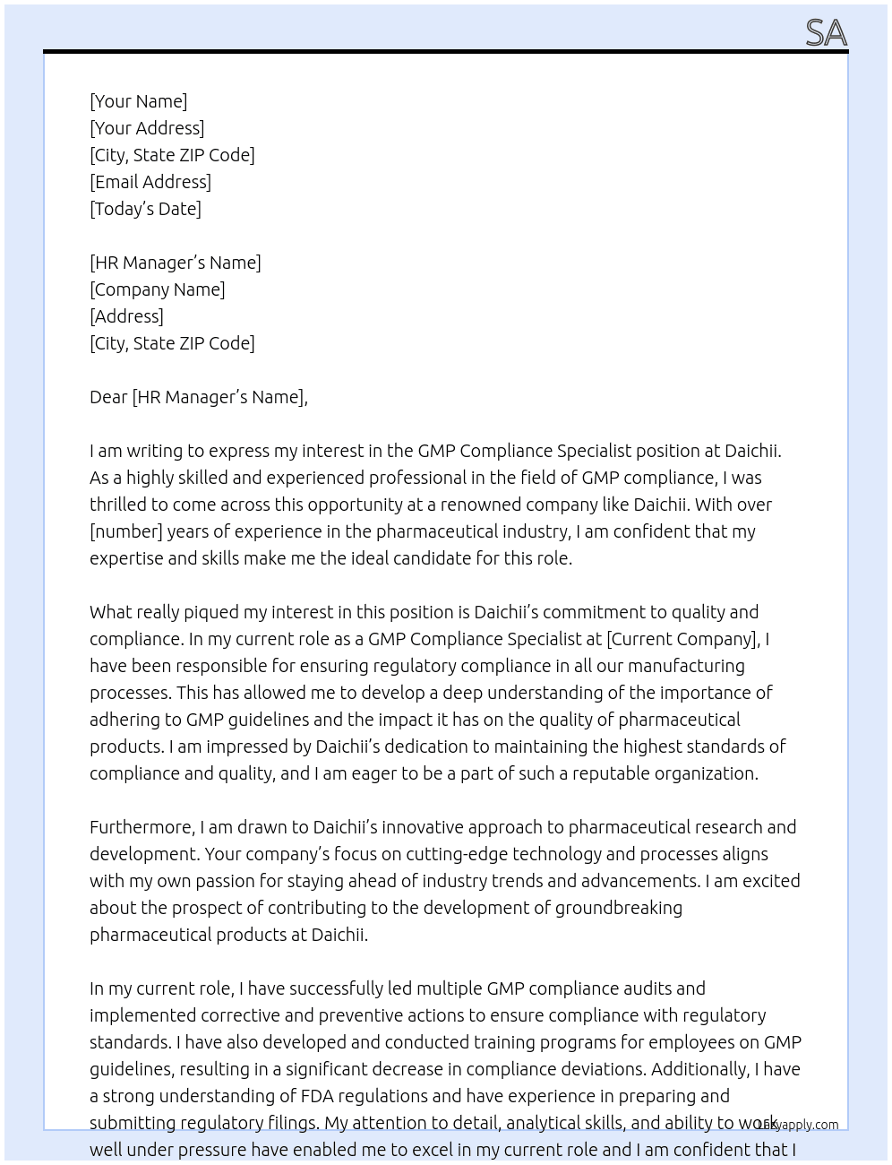 GMP Compliance Specialist At Daichii Cover Letter