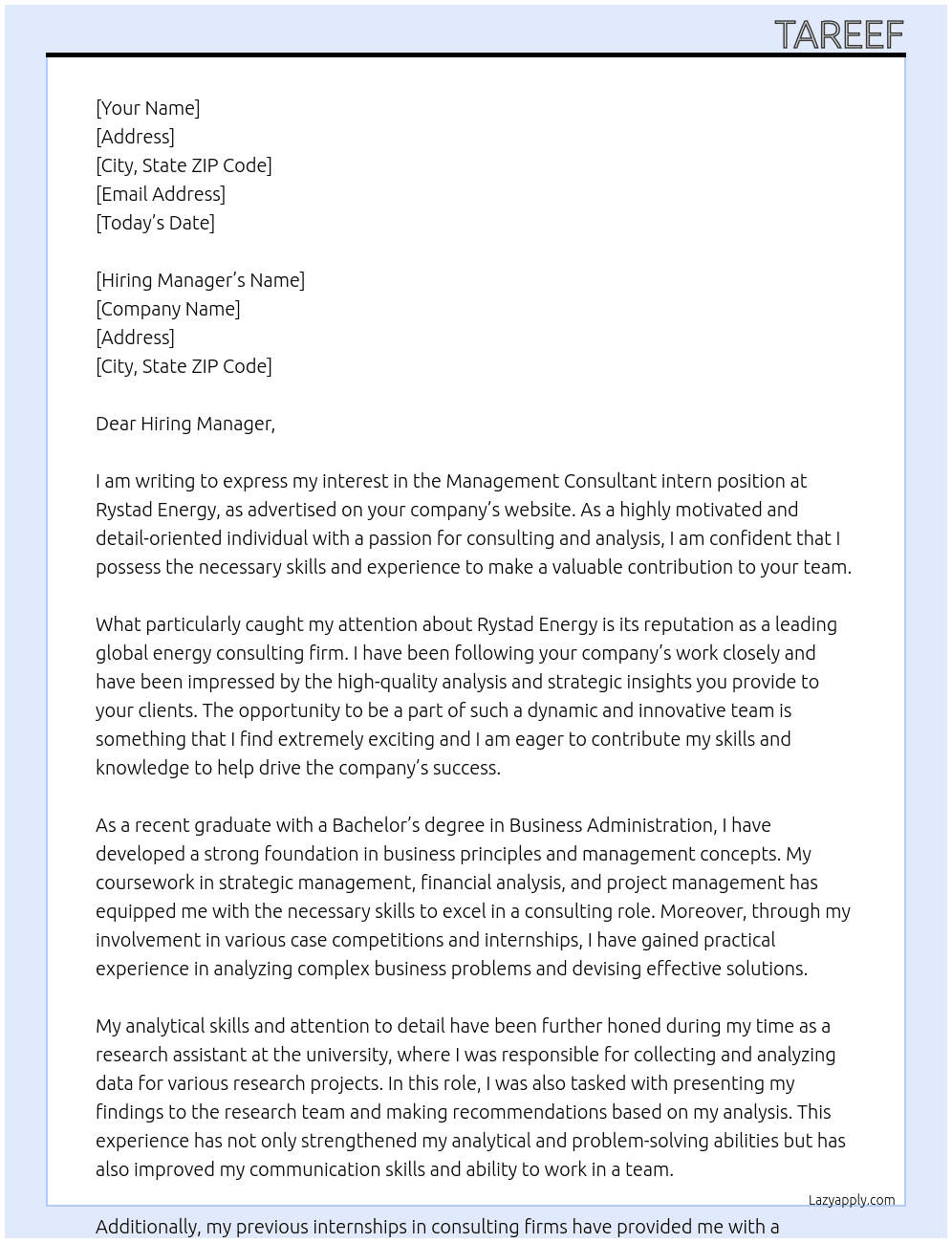 Management Consultant  At Rystad Energy Cover Letter