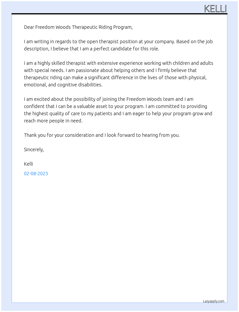 therapist  At Freedom Woods Therapeutic Riding Program Cover Letter