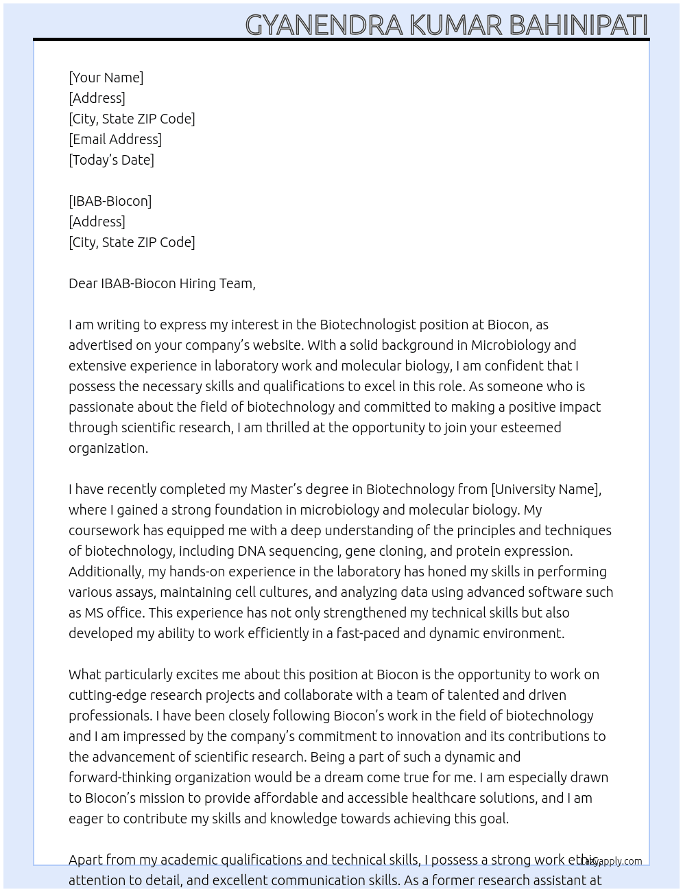 Biotechnologist  At Biocon Cover Letter