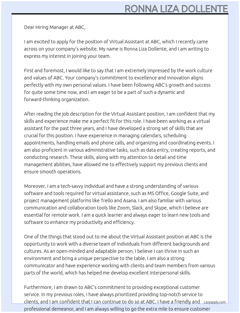 Virtual Assistant  At Abc Cover Letter
