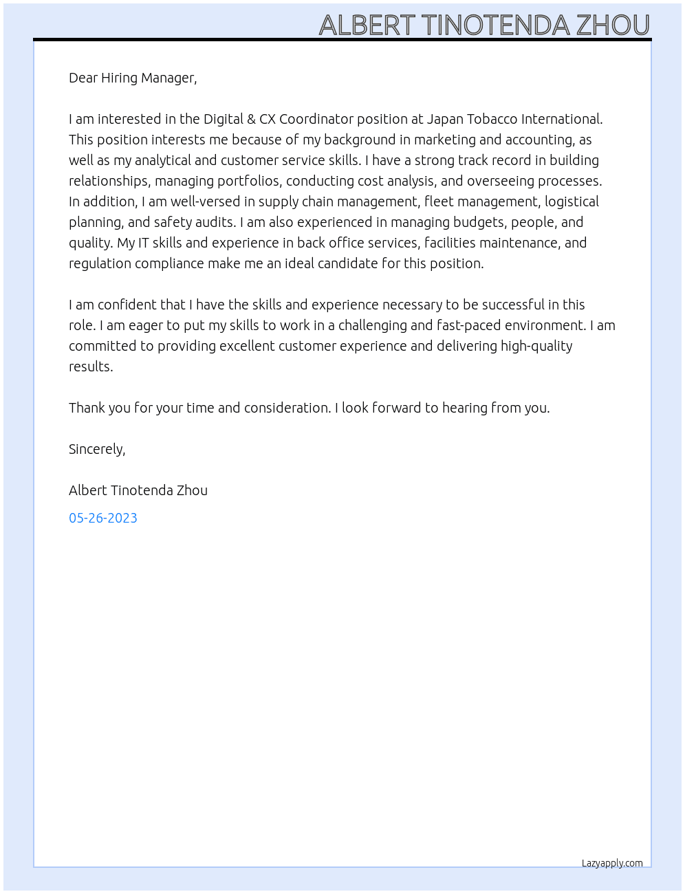 Digital & CX Coordinator At Japan Tobacco International Cover Letter