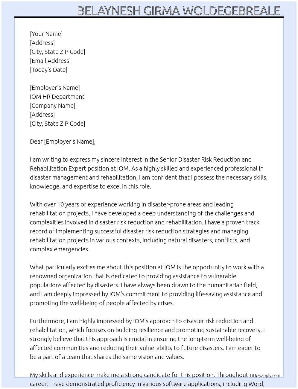 Cover letter for senior disaster risk reduction and rehabilitation expert - LazyApply