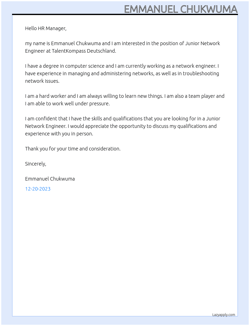Junior Network Engineer At TalentKompass Deutschland Cover Letter