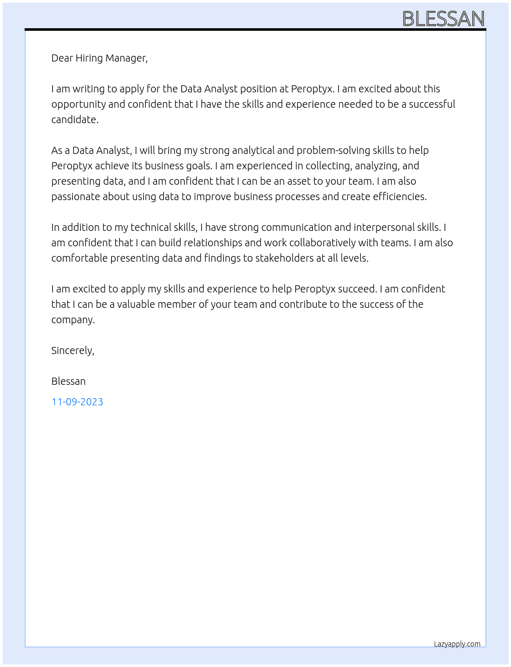 Data Analyst At Peroptyx Cover Letter