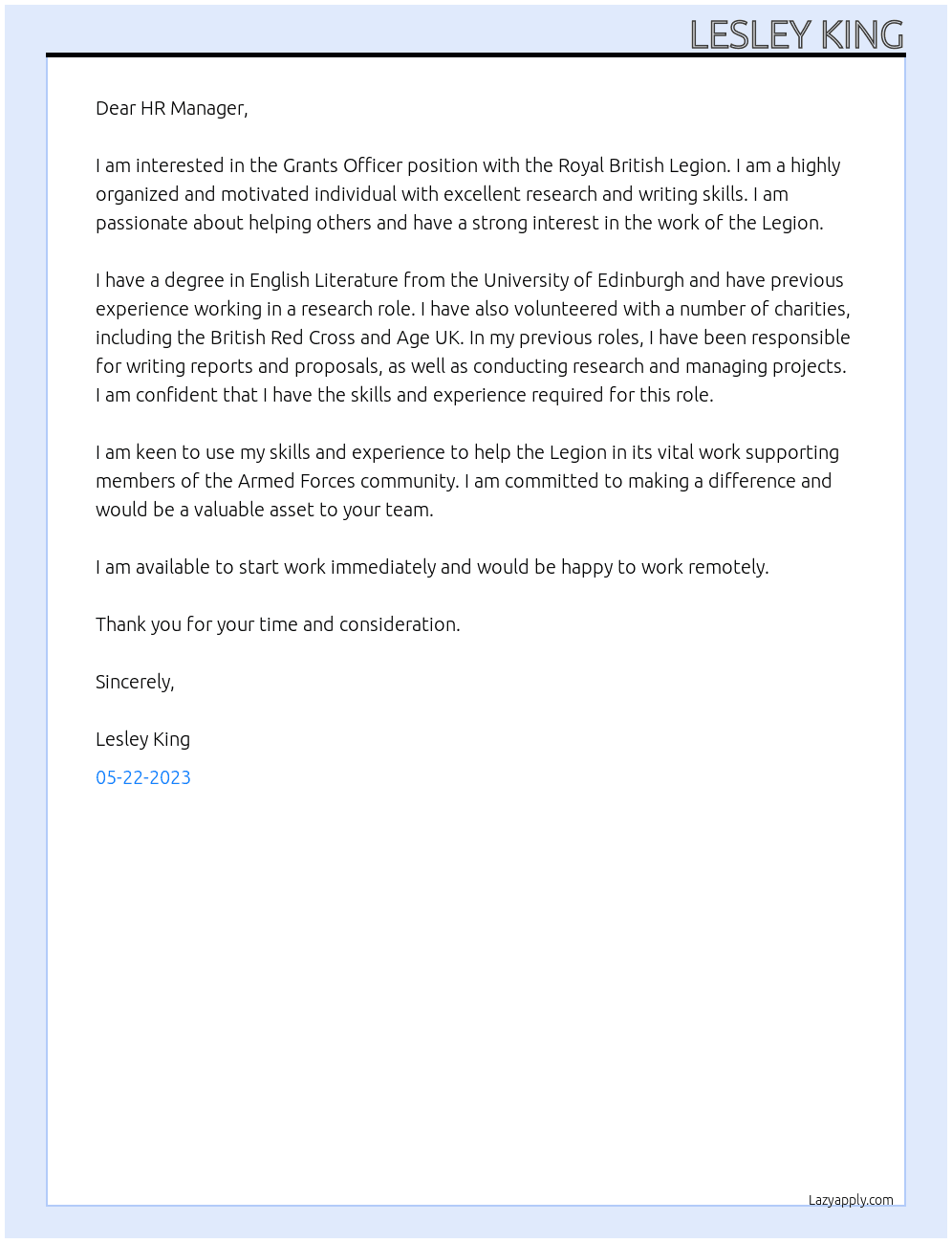Grants Officer At Royal British Legion Cover Letter