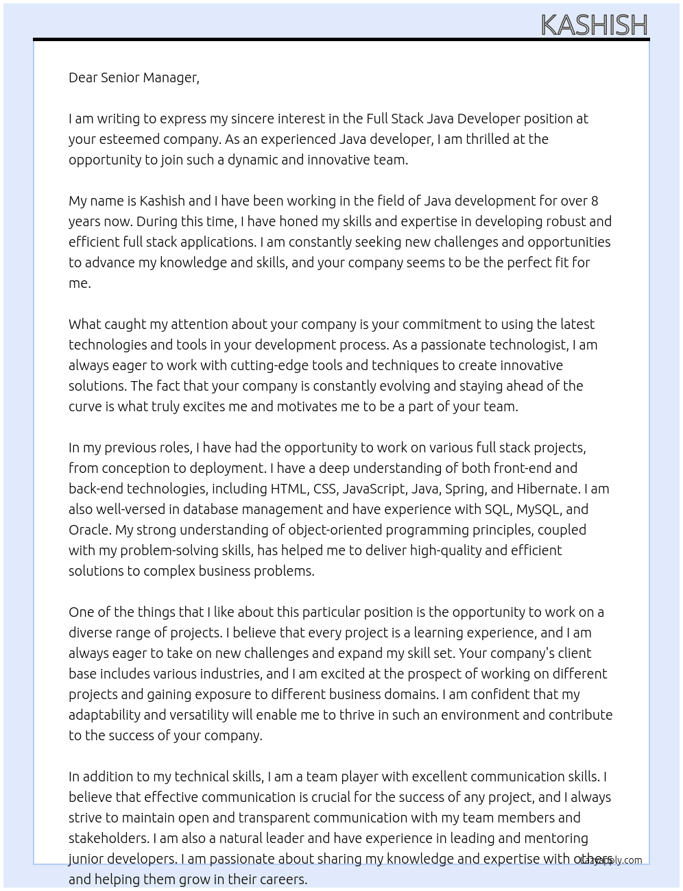 Full stack Java developer  At Full stack Java developer  Cover Letter