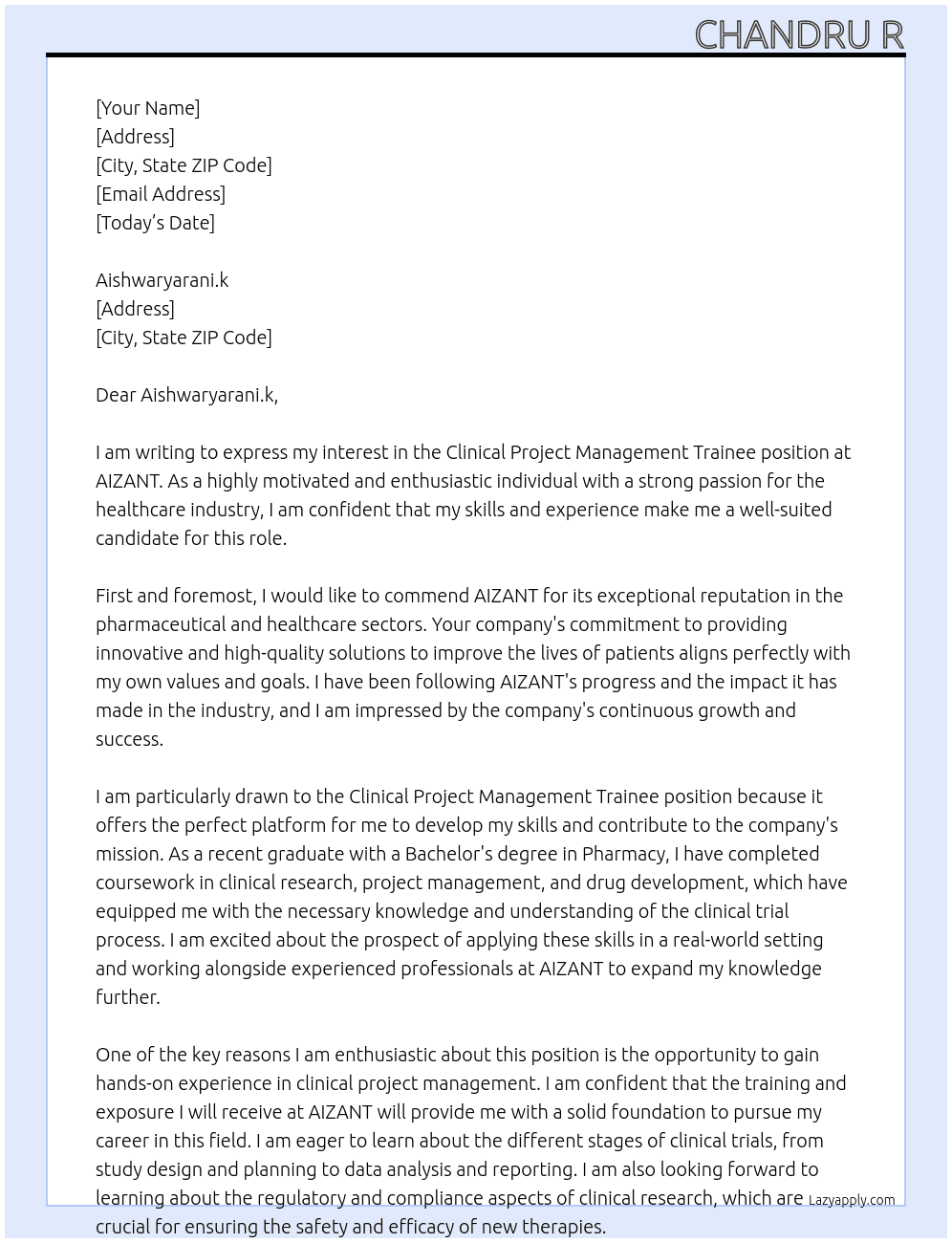 clinical project management  trainee At AIZANT Cover Letter
