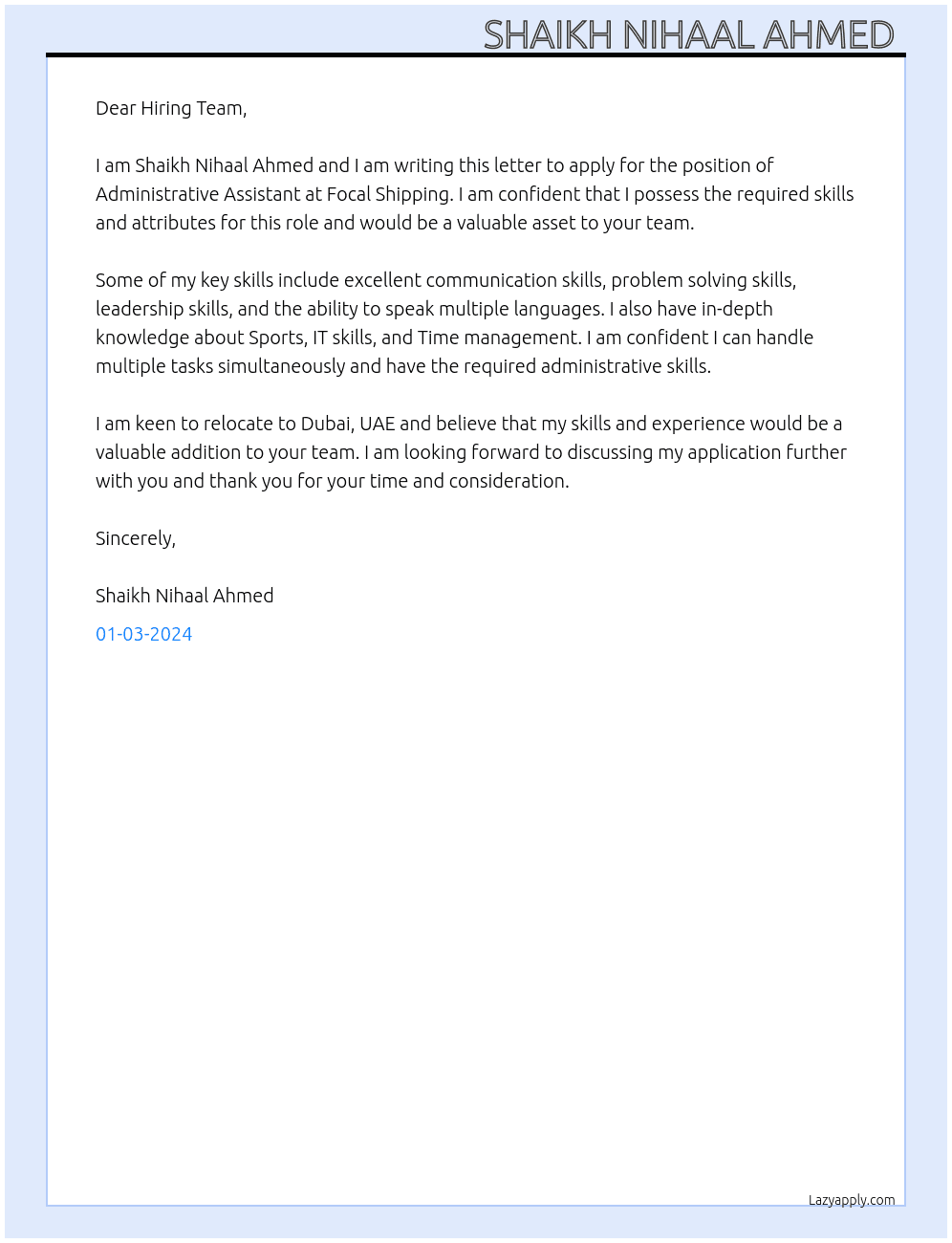 Administrative assistant  At Focal Shiping  Cover Letter