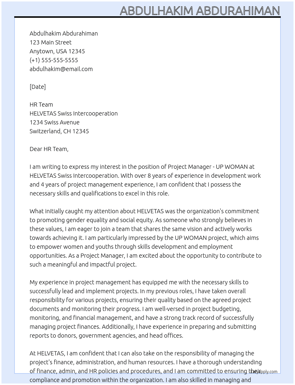 Project Manager - UP WOMAN At HELVETAS Swiss Intercooperation Cover Letter