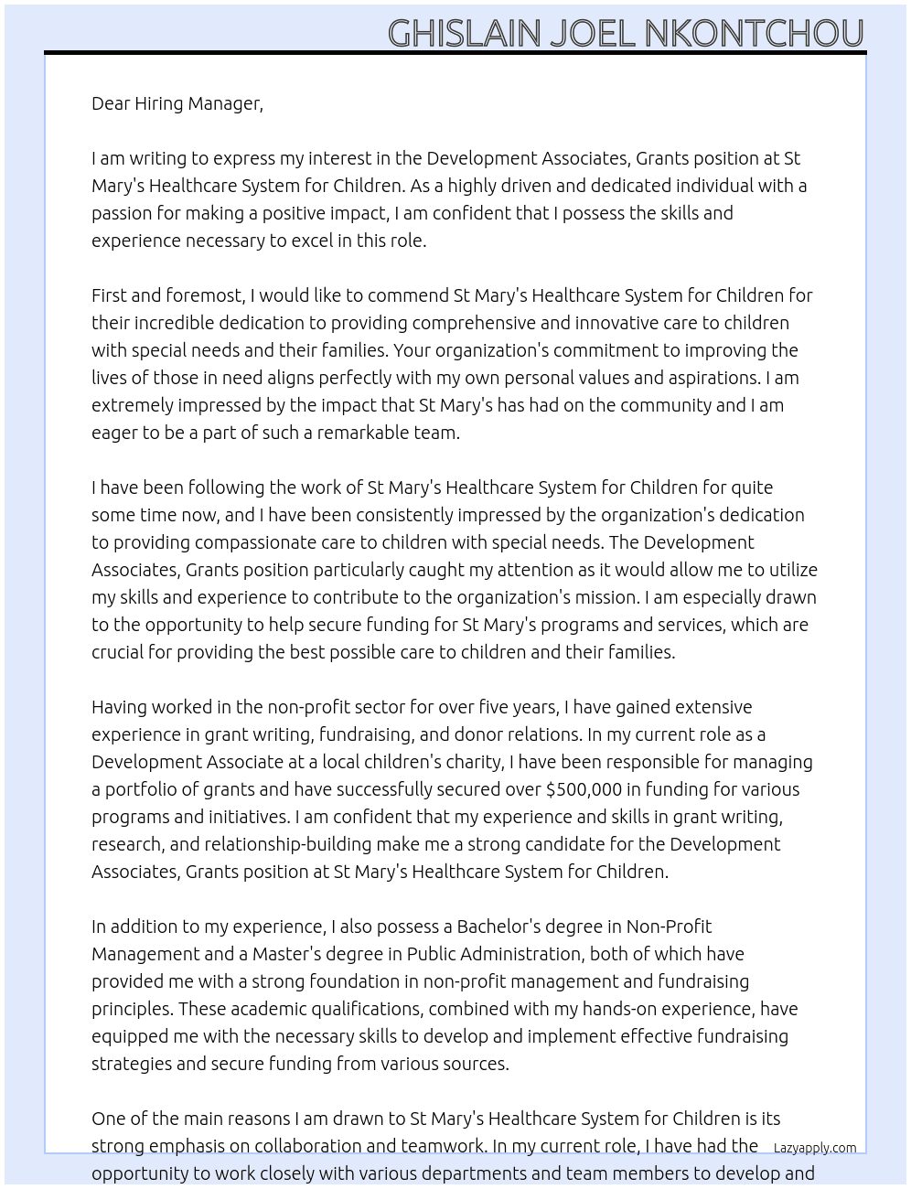 Development Associates, Grants At St Mary's Healthcare System for Children Cover Letter