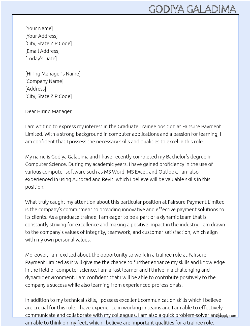 Graduate trainee At Fairsure payment limited  Cover Letter
