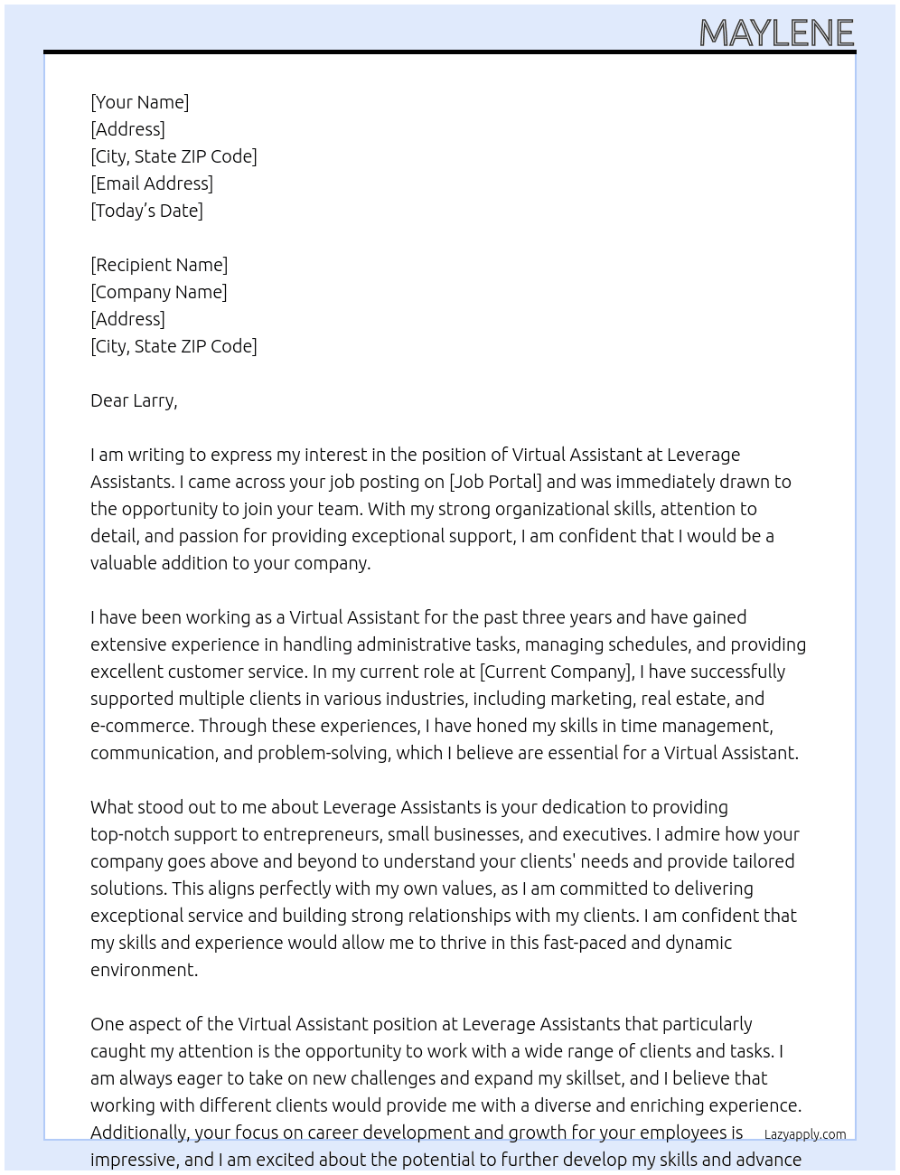 virtual assistant At leverage assistants Cover Letter
