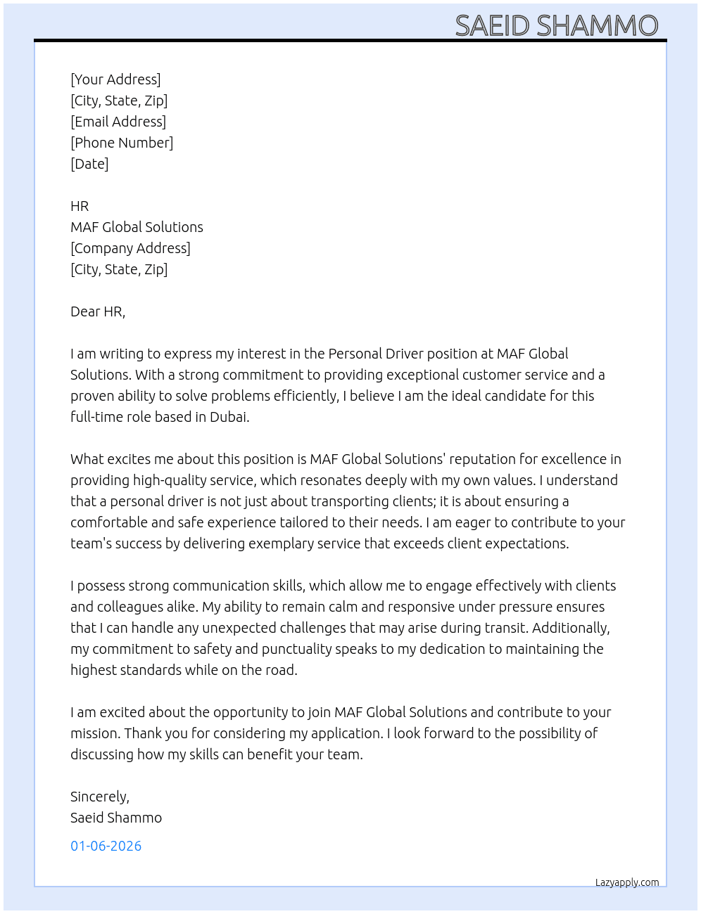 Personal driver  At MAF global solutions  Cover Letter
