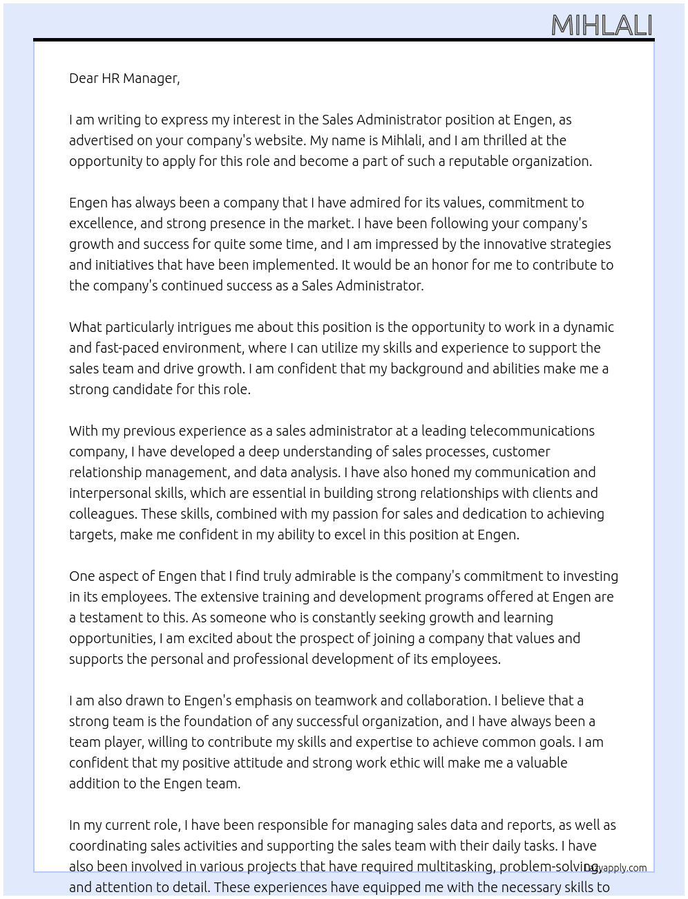 Sales Administrator At Engen Cover Letter