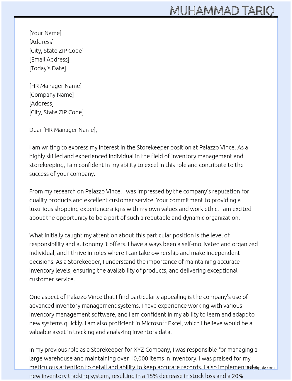 Storekeeper  At palazzo Vince  Cover Letter