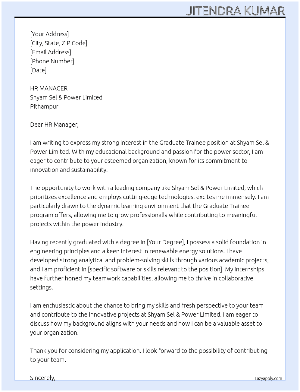 Cover letter for graduate trainees - LazyApply